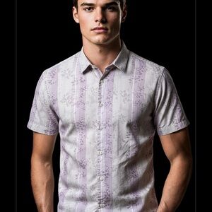 Bugatchi Uomo Classic Lavender & White  Short Sleeve Shirt 100% Cotton Medium!